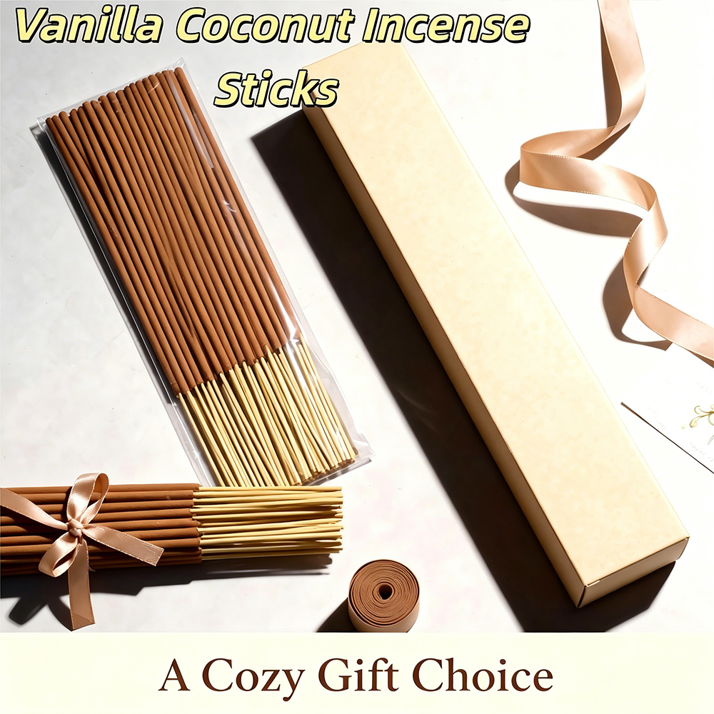 Home Fragrance Vanilla Scented Candle - バニラココナッツ風味のプレミアム天然線香、長さ22cm、香りが強く手作りされた竹製線香、伝統的な方法で作られ、豊かな香り、長持ちする香り、消臭効果があり、家庭用や屋外旅行、誕生日プレゼント、素晴らしいホリデープレゼントに最適です。