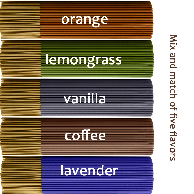 Home Fragrance Vanilla Scented Candle - 高品質のお香スティック100/250本、5セット — レモングラス、ラベンダー、オレンジ、コーヒー、バニラの4つの香りが含まれています。浄化、ヨガ瞑想、家庭での使用に適しており、香りが長持ちし、ギフトに最適です。